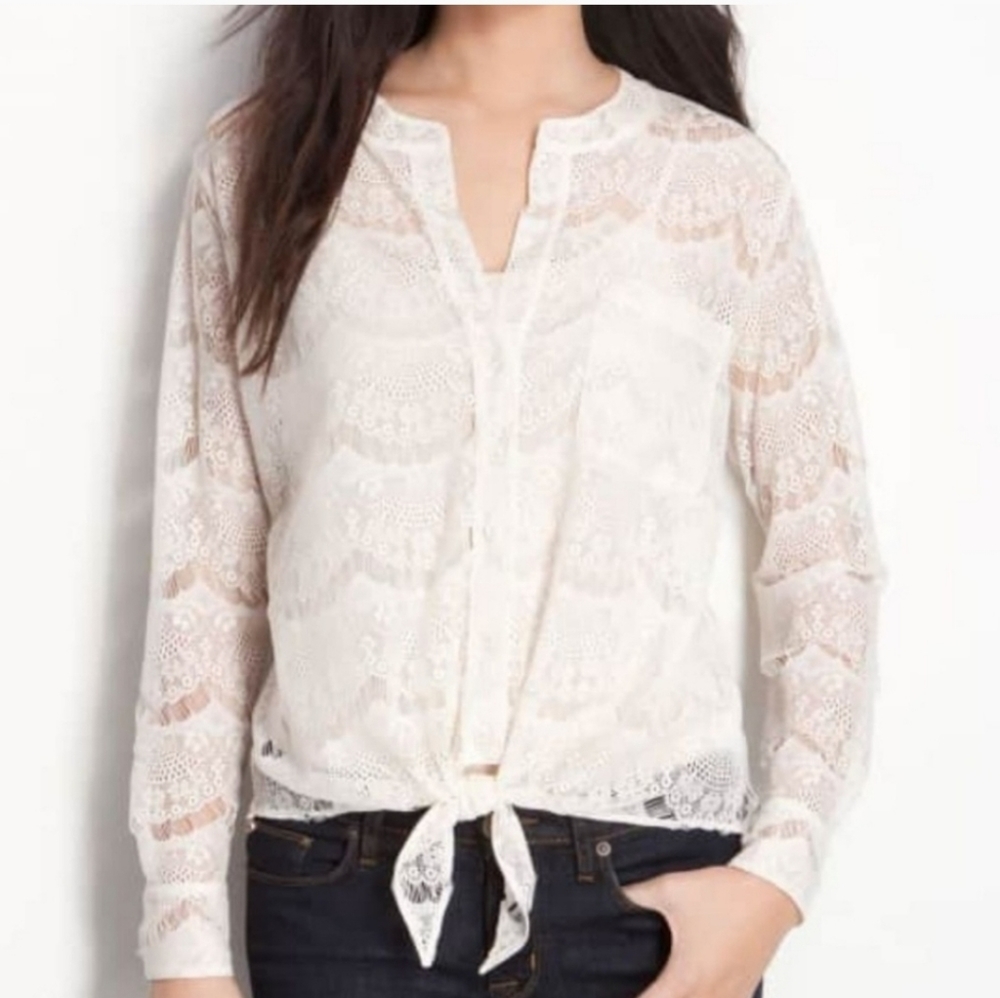 Bellatrix Lace Tie Front Ivory Cream Color‎ Long Sleeve Lace Sheer Medium Petite